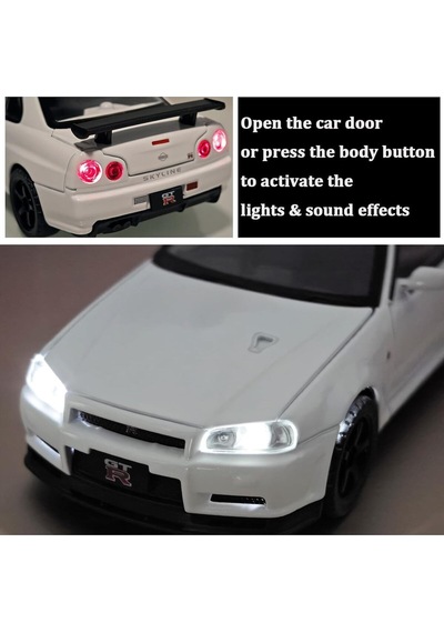 Nissan Skyline Gtr R34 1:24 Diecast Metal Model Araba Koleksiyon Sesli Işıklı Beyaz