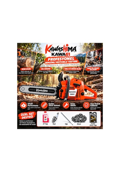 Algaride Kawa61 61.5cc Benzinli Motorlu Testere 3.9hp 3/8 36 Zincir Yedek Zincir 1l 2t Yağ 3l Zincir Yağı Buji Eğe Özel Set Kawashima