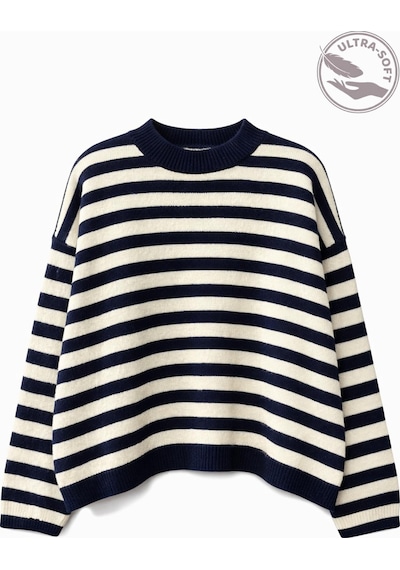 Mixray 7016 Kadın Yün Karışımlı Çizgili Oversize Basic Triko Kazak Lacivert