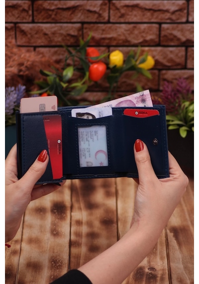 Özka Leather Suni Deri Mekanizmalı Vegan Deri Kartlık Cüzdan Portföy Lacivert Siyah