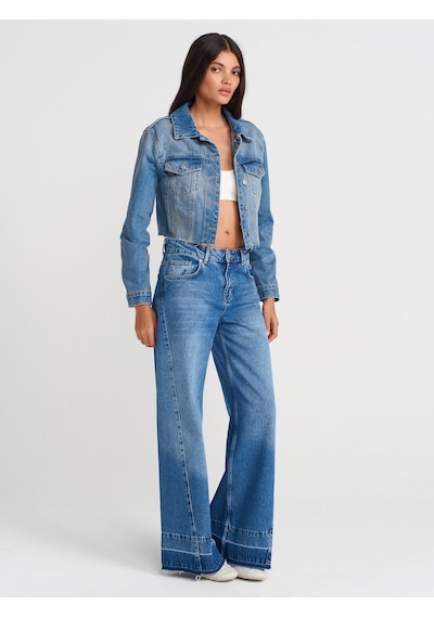 Dilvin 65366 Fleto Cepli Crop Denim Ceket-mavi Mavi