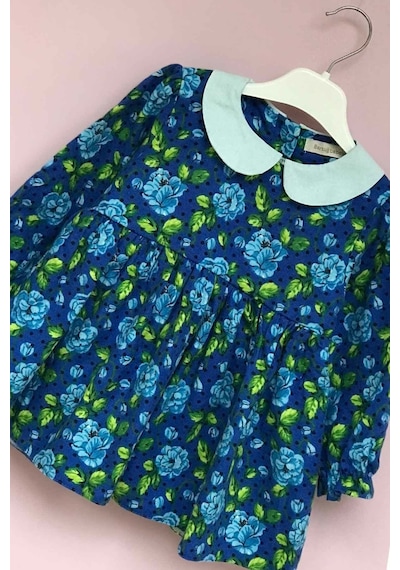 Bebe Yaka Mavi Gül Pazen Kız Çocuk Kız Bebek Elbise 001