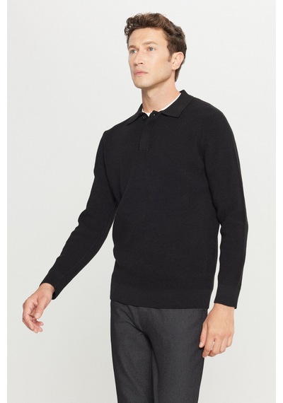 AC&Co / Altınyıldız Classics Erkek Sıyah Pamuklu Standart Fit Normal Kesim Jakarlı Polo Yaka Triko Kazak SIYAH