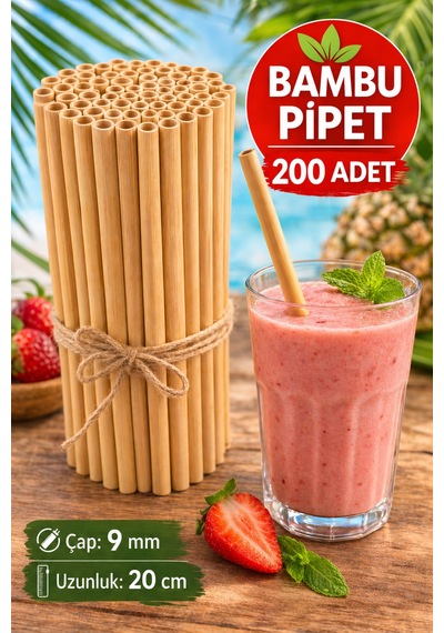 200 Adet Bambu Pipet 9mm X 20cm Kalın Smoothie Pipeti Doğal Çevre Dostu