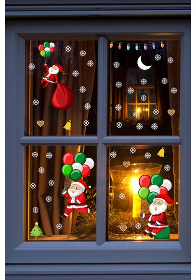 Balonla Uçan Noel Babalar Ve Kar Taneleri Yılbaşı Pencere Sticker