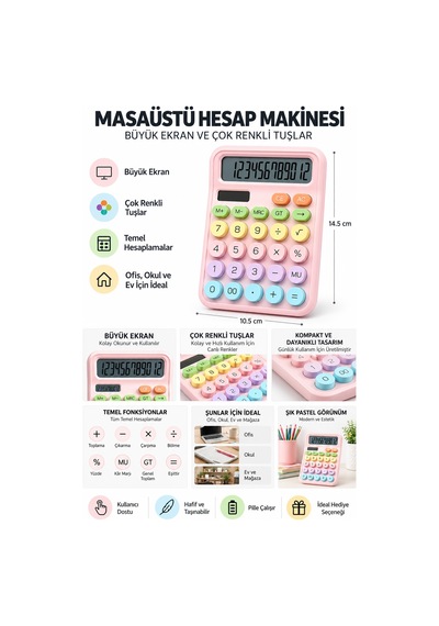 Lcd Ekran Hesap Makinesi 12 Haneli Hesap Makinesi Pastel Pembe