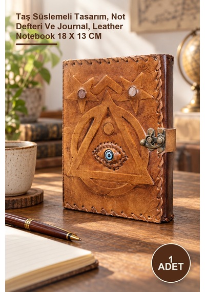 1 Adet Taşlı Deri Defter Taş Süslemeli Tasarım, Not Defteri Ve Journal, Leather Notebook 18 X 13 Cm