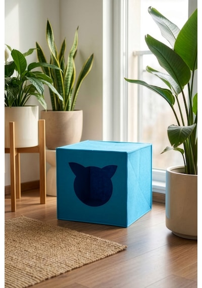 Mavi Keçe Kedi Yuvası Dekoratif Mama Kabı Altlığı Hediyeli Organizer Düzenleyici Katlanabilir