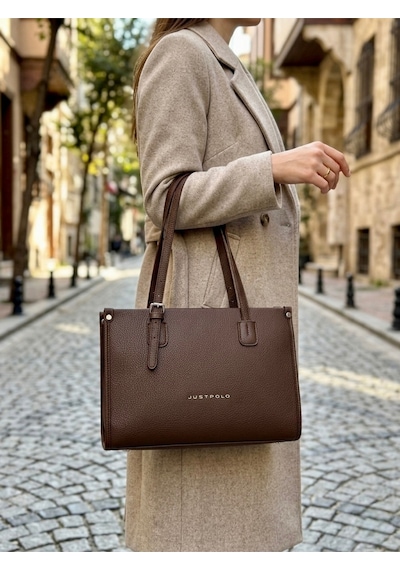 Just Polo Kadın Yeni Sezon Yumuşak Deri Büyük Boy Fermuarlı Lüks Tasarım El Çantası Shopper Kahverengi