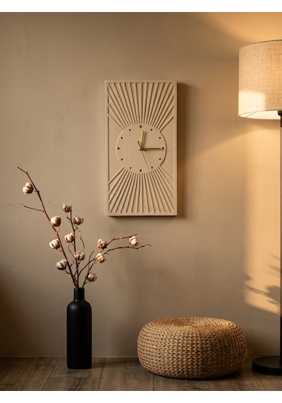 Kaveld Solaria Minimalist Duvar Saati - Modern Bohem Güneş Işınları Motifli Saat, Özel El Yapımı Duvar Saati Bej