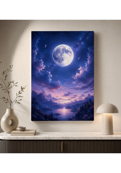 Bk Gift Dolunay Ve Yıldızlı Gökyüzü Dağ Göl Manzaralı Fantastik Gece Kanvas Duvar Tablosu 50x70 Cm Bitmeyencom38244 Bk Gift