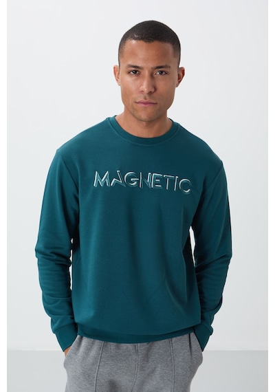 Tommy Life Zümrüt Yazı Nakışlı O Yaka Rahat Form İçi Polarlı Erkek Sweatshirt - 88020 Zümrüt