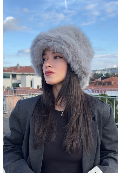 Mollycrush Suni Kürk Bucket Kalpak Şapka Peluş Kışlık Luxury Gri Kadın Şapkası Gri