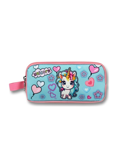 Ümit Çanta Kız Çocuklar İçin İki Bölmeli Bebek Unicorn Baskılı Kalemlik - Pembe Turkuaz - 5050 Pembe - Turkuaz
