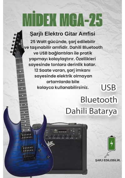 Maxword Grade-25amp Blue Rosewood Yüksek Kalite Floyde Rose 25w Amfili Elektro Gitar