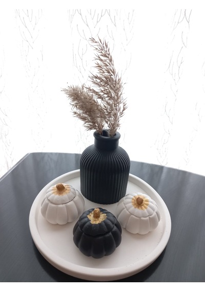Tabakta 3'lü Mini Balkabağı Vazo Dekoratif Beyaz Siyah Set 03