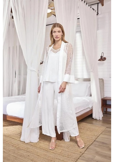Ang Butik Kadın Uzun Kollu Dantelli Ve Kuşaklı Sabahlık Takımı BEYAZ