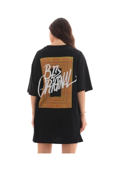 Kadın Baskılı T-shirt Kısa Kol Bisiklet Yaka Oversize Rahat Kalıp Tişört - Siyah