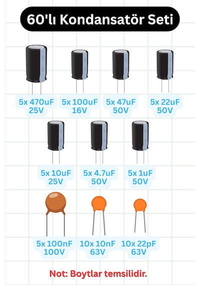 Kondansatör Seti 60 Adet 10 Çeşit - 470uf, 100uf, 47uf, 22uf, 10uf, 4.7uf, 1uf, 100nf, 10nf, 22pf