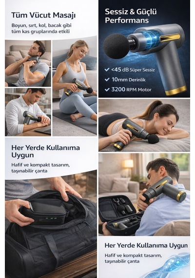 Masaj Tabancası 3200 Rpm 6 Kademeli Şarjlı Elektrikli Titreşimli Masaj Aleti 4 Başlık