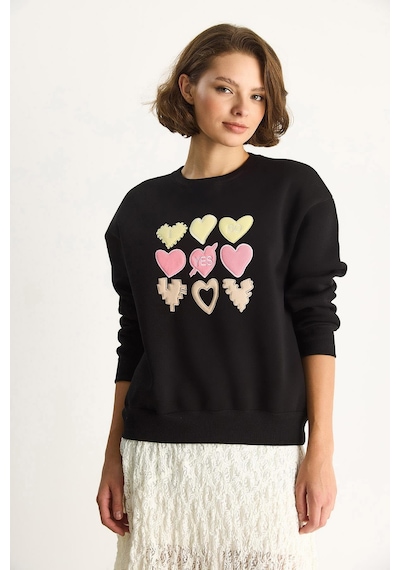 Shade Kadın Bisiklet Yaka Kalp Nakışlı Şardonlu Üç İplik Sweatshirt 6875 60283520 - Siyah