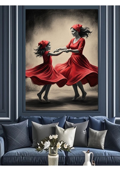 Ahşap Tablo Kırmızı Elbiseli Dans Eden Anne Ve Kızı