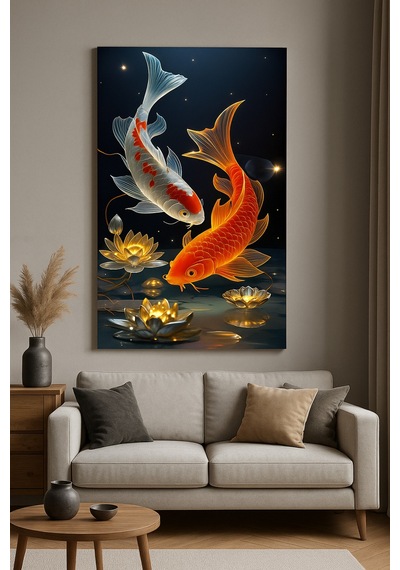 Altın Ve Gümüş Koi Balıkları Feng Shui Bereket Ve Huzur Temalı Cam Tablo Lotus Işıltısı