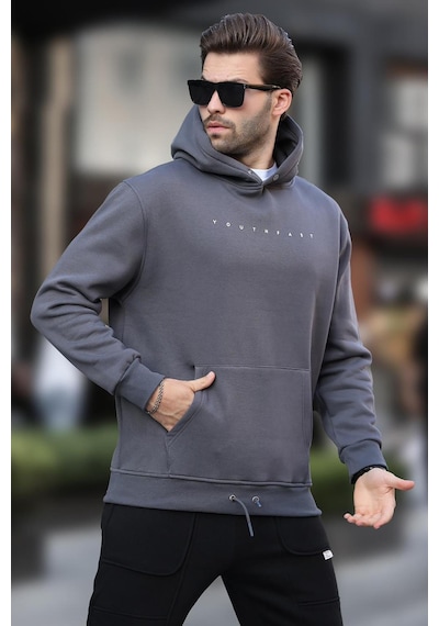 Madmext Füme Kapüşonlu Baskılı Erkek Sweatshirt 7077 Füme