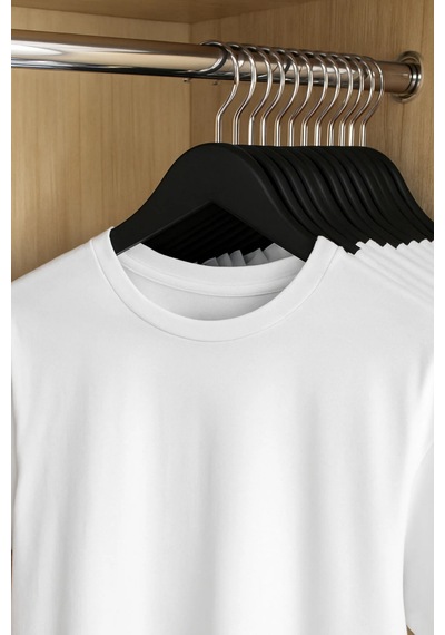 12 Adet - Ahşap Görünümlü Plastik A Kalite Elbise Askısı Tshirt Pantolon Askı Siyah Krom Siyah Krom