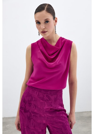 Sateen Degaje Yaka Kolsuz Bluz - Fuşya