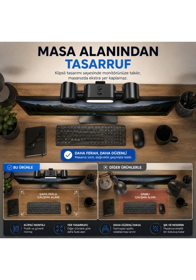 Polham Çift Fanlı Klipsli Led Monitör Lambası 360 Dönebilen Fan, 5 Kademe Hız, Sessiz Çalışma, Usb