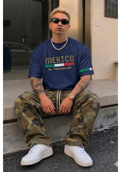 Tarz Cool Erkek Regular Baskılı Tişört Mexico Yazılı %100 Pamuk Rahat Kesim T-shirt Lacivert
