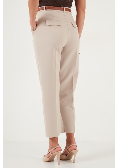 Lela Regular Fit Yüksek Bel Düz Paça Kemerli Bayan Pantolon 68350938 Taş
