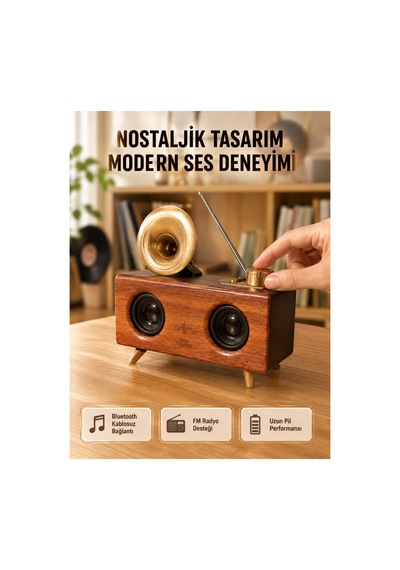Nostaljik Gramofon Bluetooth Hoparlör Fm Ra + Usb + Sd Kart Destekli
