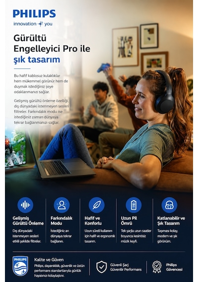 Philips TAH8507BK ANC Pro Mikrofonlu Kulak Üstü Bluetooth Kulaklık