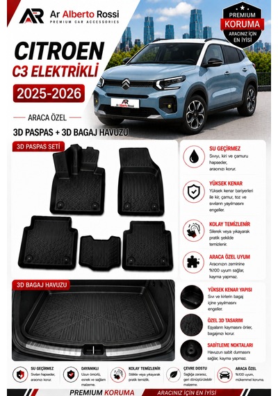 Cıtroen C3 Elektrıklı 2025-2026 Araca Özel 3d Paspas + 3d Bagaj Havuzu