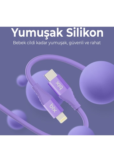 Bix ﻿BXSC1CL 60W Type-C To 1.2 M Lightning Silikon Şarj ve Data Kablosu Lavanta