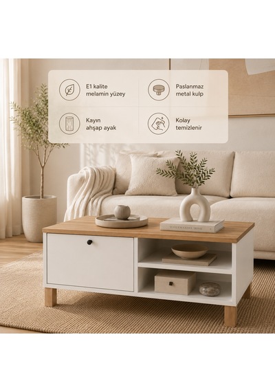 The Voguemaxima Livenza Kapaklı Kayın Ahşap Ayaklı Orta Sehpa 90 60 38,6 Cm Beyaz