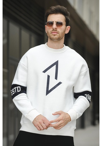 Estd Üç İplik Şardonlu Kol Nakışlı Önü Baskılı Bisiklet Yaka Erkek Sweatshirt 001