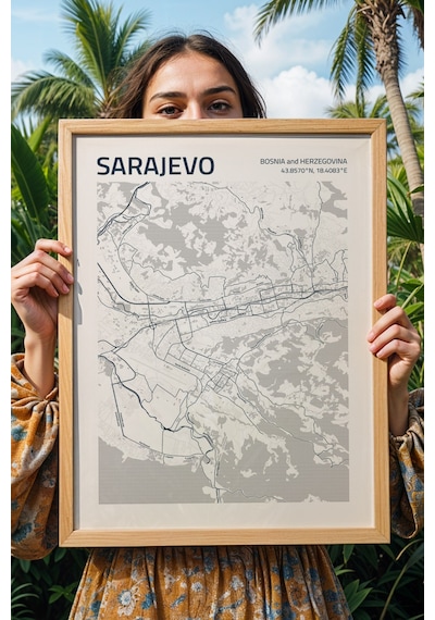 Saraybosna Sarajevo Haritası Çerçeveli Tablo Lüks Salon Ofis Duvar Dekorasyonu Hediyelik Tablo Kayın