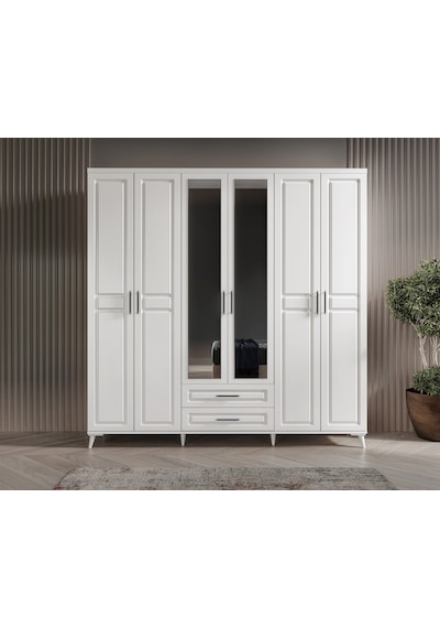 GuneyStore Gözde 6 Kapaklı Aynalı Komple MDF Beyaz Gardırop