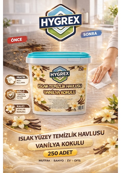 Hygrex Vanilya Kokulu Yüzey Temizlik Havlusu Islak Kova Mendil 250 Adet Ev Ofis Tüm Yüzeyler Kovalı Mendil Beyaz