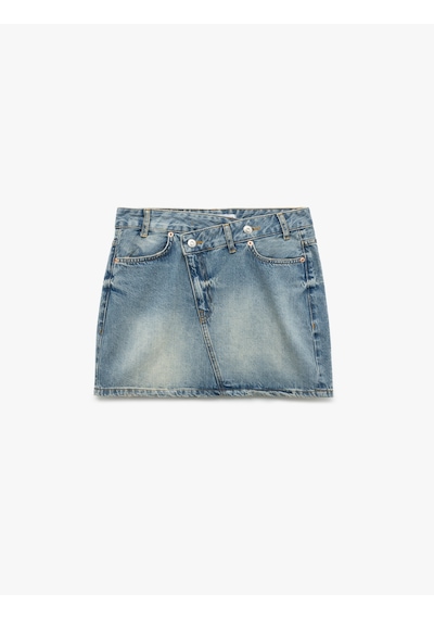 Koton Pamuklu Asimetrik Düğmeli Cepli Denim Mini Etek Orta İndigo 5sal70034md İndigo