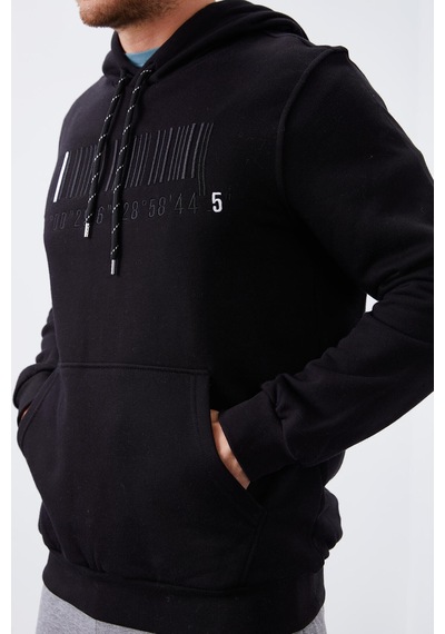 Tommy Life Siyah Nakışlı Kanguru Cep Standart Kalıp Kapüşonlu Erkek Sweatshirt - 87839 Siyah