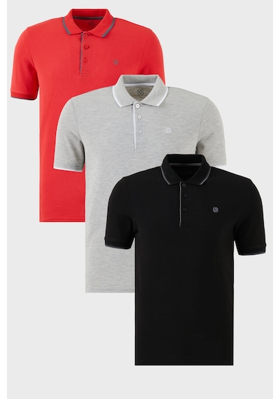 Buratti Pamuklu Slim Fit Şerit Detaylı Düğmeli Polo Yaka 3'Lü Paket Erkek T Shirt 5902118S3 Siyah-Kırmızı-Gri Melanj