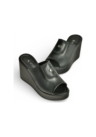 Fox Shoes Y555250703 Siyah Hakiki Deri Dolgu Topuklu Kadın Terlik Siyah