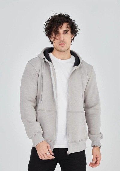 Erkek 3 İplik Pamuklu Kapüşonlu Tam Fermuarlı Cepli Hoodie Sweatshirt - Boyalı Gri