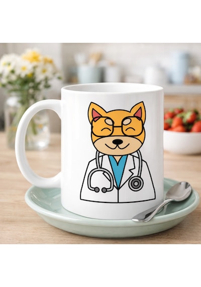 Hemengo Doktor Kedi Tasarımlı Porselen Kupa Model 174 Sevimli Veteriner / Doktor Kedi Kahve Kupası Kedi Sever Diğer