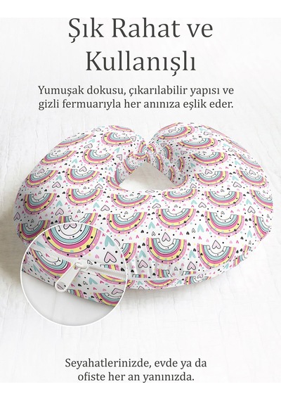 Gökkuşağı Desenli Pamuklu Boyun Yastığı - Neşeli Pastel Renkler Çocuk & Yetişkin Seyahat Yastığı Tozlu Toprak Fildişi