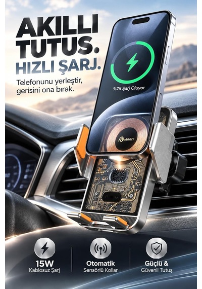 Tr Kablosuz Şarjlı Araç Telefon Tutucu 15w, Otomatik Sensörlü Açılır Kapanır Kollar, Qi Uyumlu, Dahili Bataryal Genel